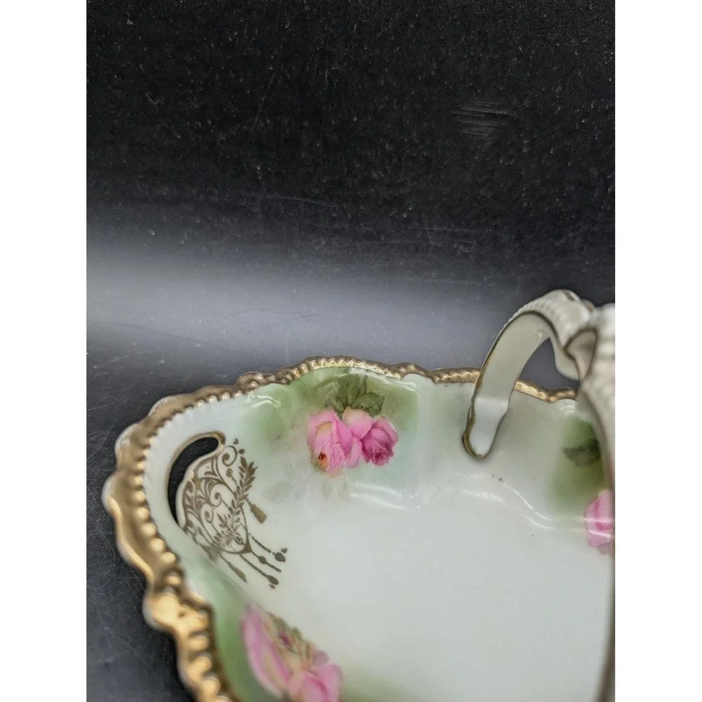 Antique Schwarzburg German Porcelain Rose Basket Divided‎ Candy Dish Gold Gilt